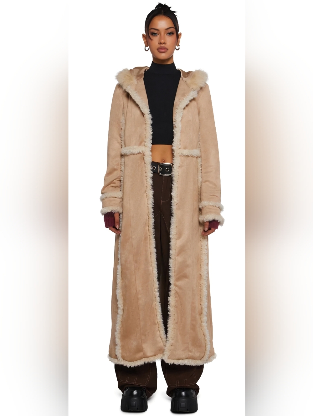 dELiA*s Long Faux-Shearling Hooded Coat in Beige with Cream Trim